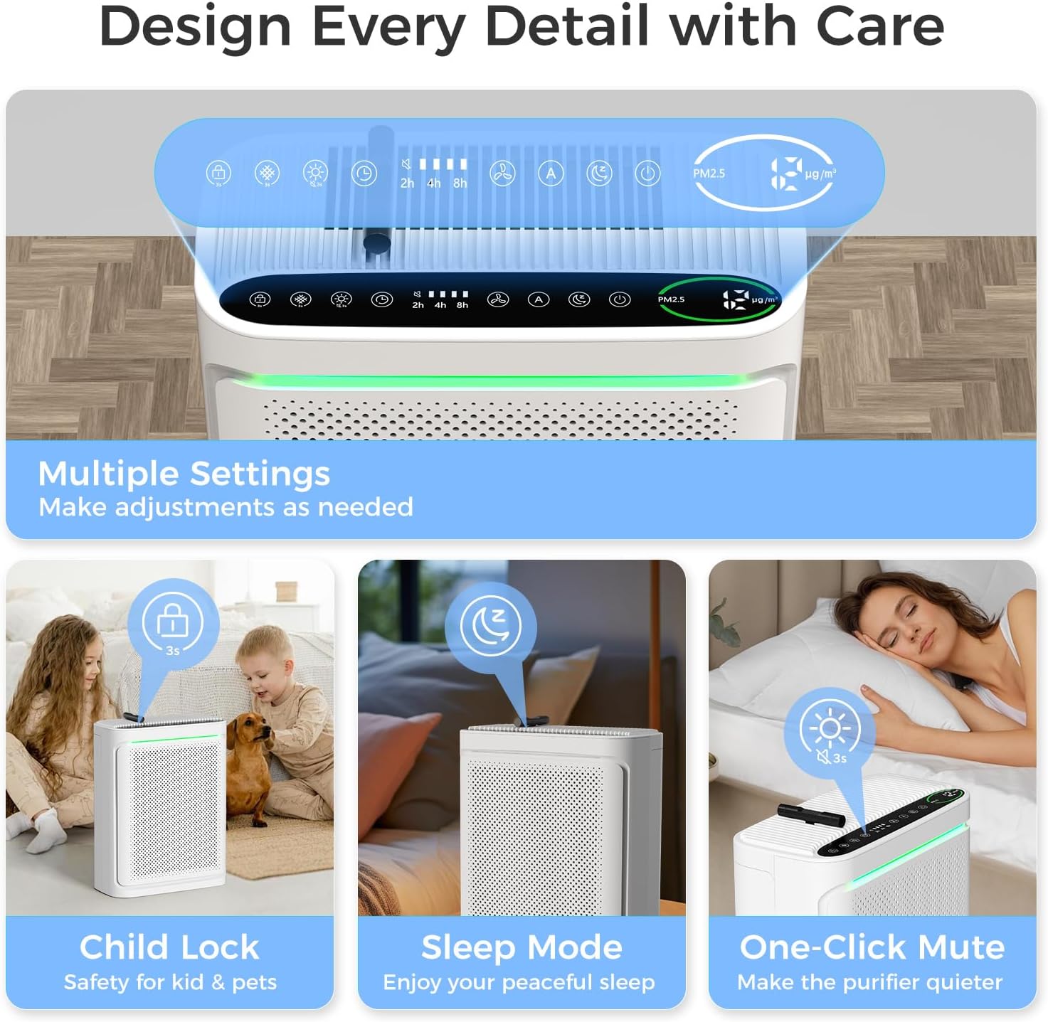 Air Purifiers For Home With Air Quality Display Cover Area Up to 2152 Sq.Ft Equipped with True H13 HEPA Washable Filter Air Cleaner with Fragrance Sponge for Bedroom Dorm Room, DH-JHD08(White)